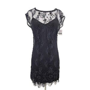 New Jean Louis Scherrer Mini Dress Womens M Black Lace Beaded